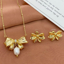 Carregar imagem no visualizador da galeria, Bowknot Jewelry Collection For Women Enamel Gold Bow Necklace Earrings Set Natural Freshwater Pearl Rhinestone Inlaid Sweet Fashion Jewelry Multiple Styles