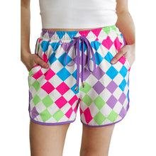 Load image into Gallery viewer, 3 Colors Checkered Drawstring Shorts, Women's Casual Elastic Waist Summer Beach Shorts with Pockets
