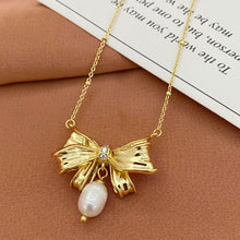 Carregar imagem no visualizador da galeria, Bowknot Jewelry Collection For Women Enamel Gold Bow Necklace Earrings Set Natural Freshwater Pearl Rhinestone Inlaid Sweet Fashion Jewelry Multiple Styles
